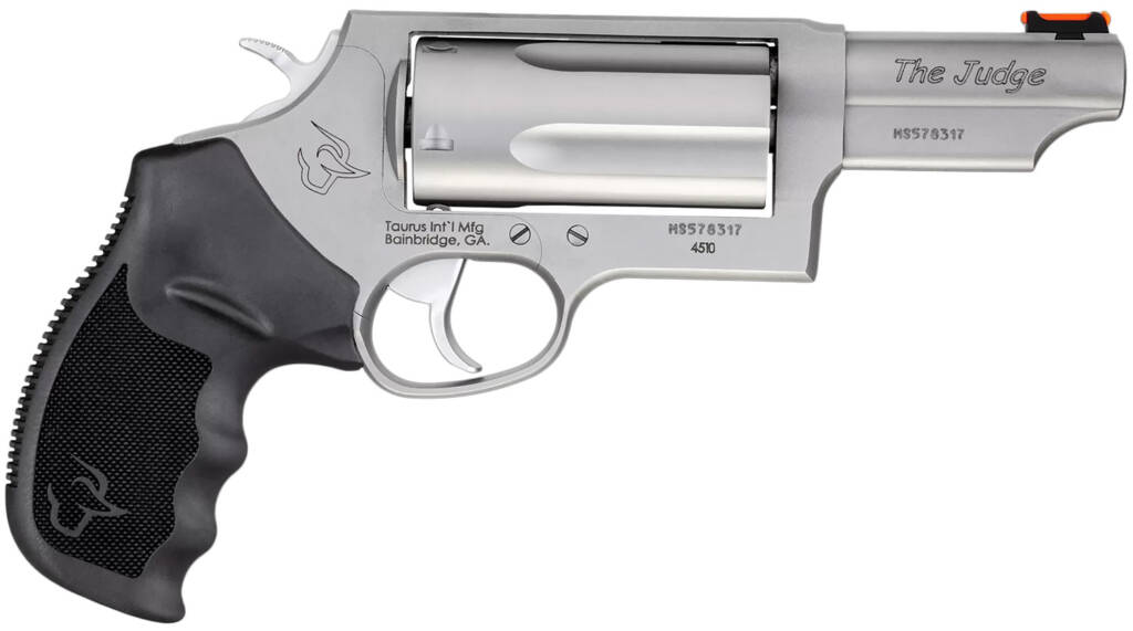 Taurus Judge Magnum Compact .45 Colt/.410 Mag, 5-Round, 3" Matte Stainless Steel Barrel, Black Finger Groove Grip, Exposed Hammer 725327604525