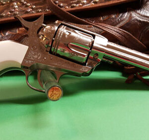 Cimarron Texas Rangers .45 LC Engraved Nickel Handgun with 4.75" Barrel 844234129898