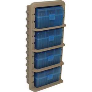 MTM ARRS Ammo Rack with 4 RS-50-24 boxes in clear blue and dark earth