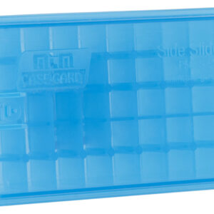 MTM Case-Gard P50SS9M24 clear blue ammo box for handguns, holds 50 rounds.