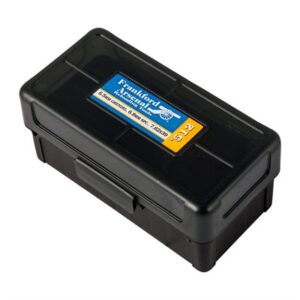 Frankford Arsenal hinge-top ammo box for 22 BR and 7.62x39MM, holds 50 rounds.