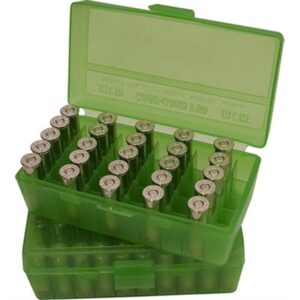 MTM Flip Top Pistol Ammo Box for 9mm and .380 ACP, 50 rounds, translucent green