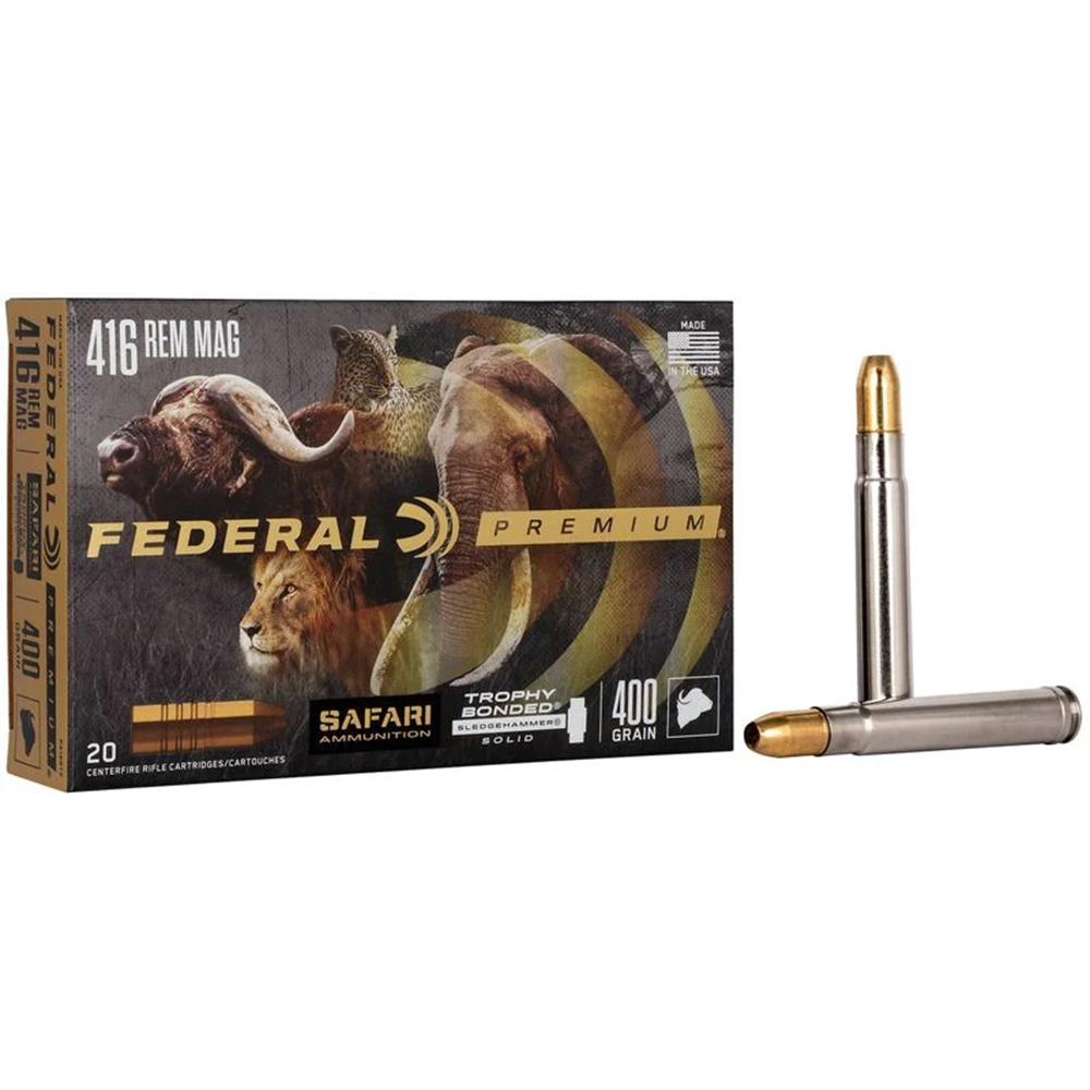 Federal Premium Safari 416 Remington Magnum Ammo 400 Grain Speer Trophy Bonded Sledgehammer Bonded Flat Nose Box of 20