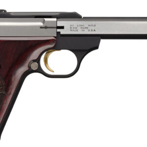 Browning 051543490 Buck Mark Medallion 22 LR 10+1 5.50" Blackened SS Slab Side Barrel, Stainless Steel Serrated SS Slide, Matte Black Aluminum Frame, Checkered Rosewood w/Gold BuckMark Inlay Grip