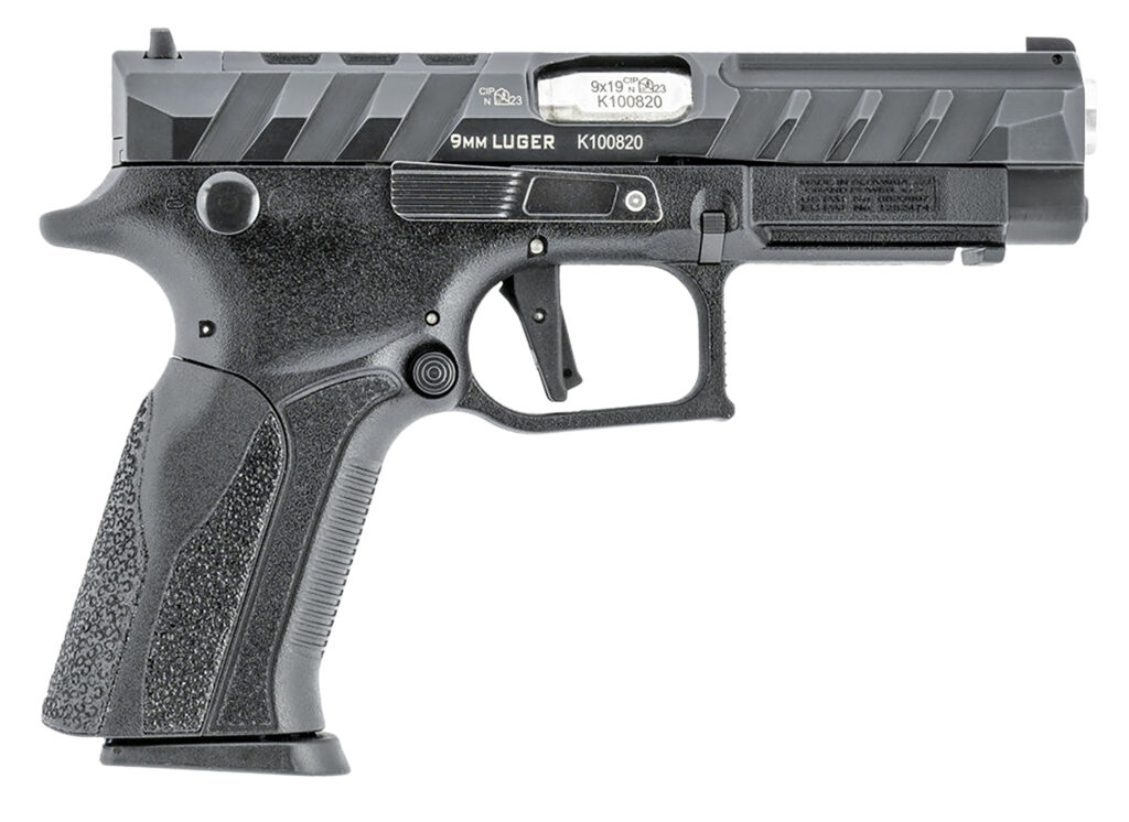 Grand Power 8588005808668 Q100 Mk23 9mm Luger 15+1 4.25" Stainless Rotating Barrel, Black Steel Optic Ready/Serrated Slide, Black Steel Frame w/Accessory Rail & Beavertail, Textured Grip