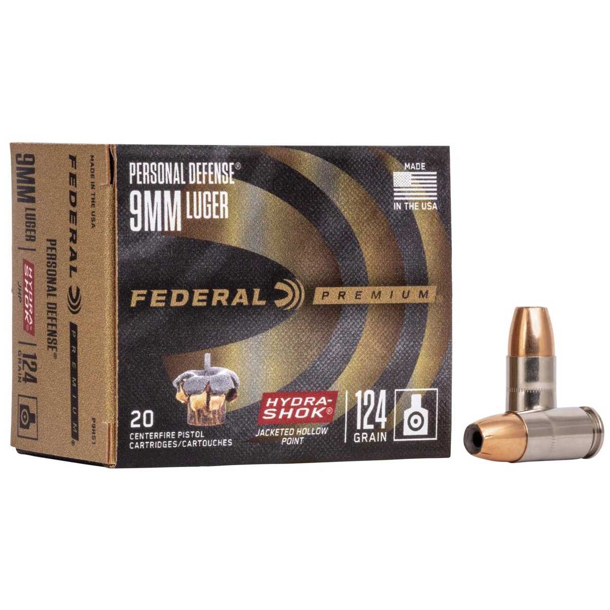Federal Premium Personal Defense 9mm Luger Ammo 124 Grain Hydra-Shok Jacketed Hollow Point Box of 20