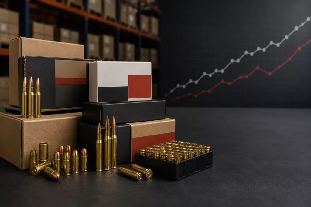 Ammunition boxes and cartridges beside an abstract market trend chart