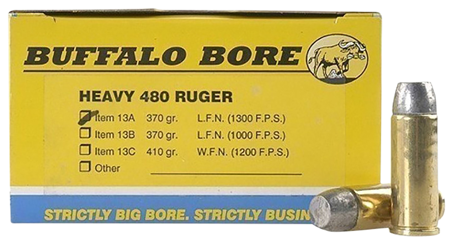 Buffalo Bore Ammunition .480 Ruger 370gr LEAD FLAT NOSE Brass – 20rd