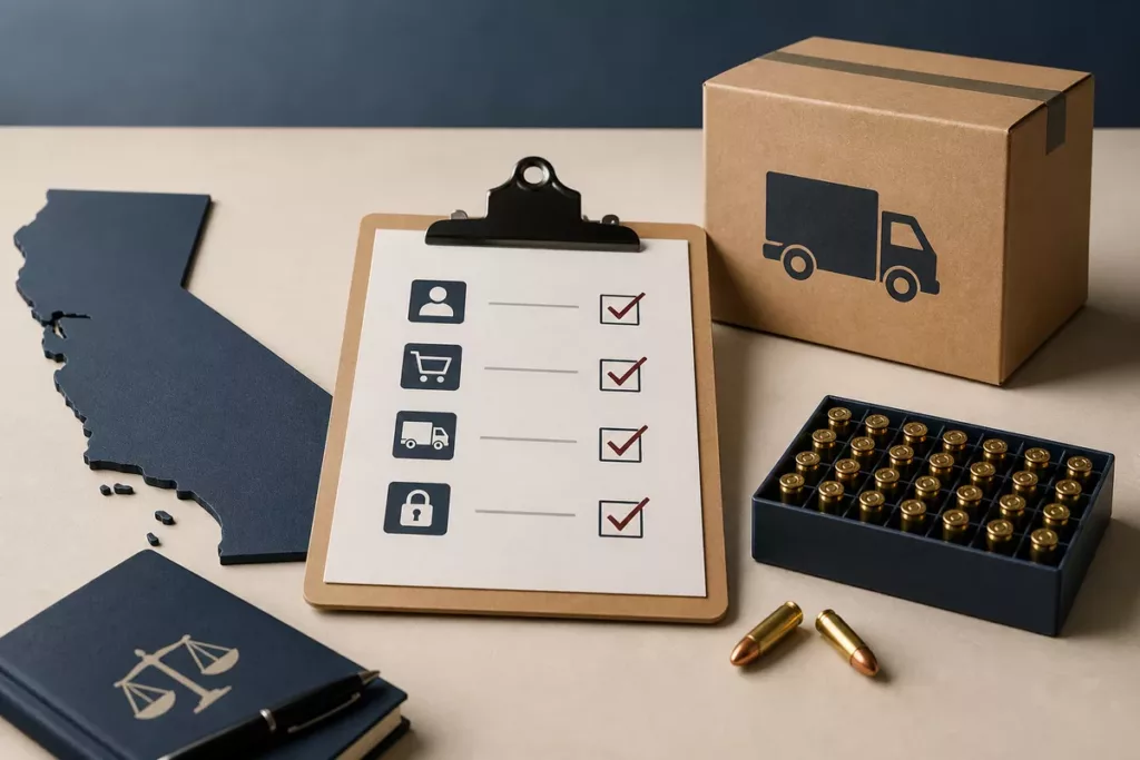 California map, compliance checklist, shipping box, and organized ammunition