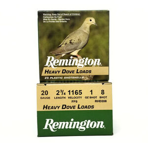 Remington 20 Gauge Ammunition Heavy Dove Loads RHD208 2-3/4" 8 Shot 1oz 1165fps Case of 250 Rounds