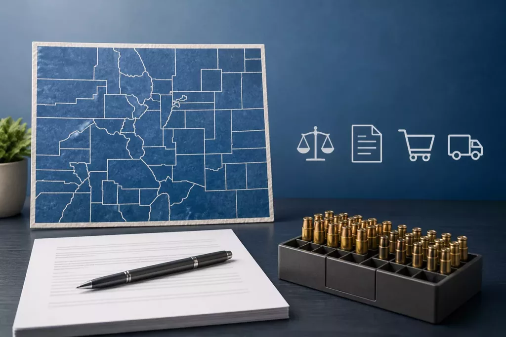 Colorado map, legal document, delivery icons, and organized ammunition