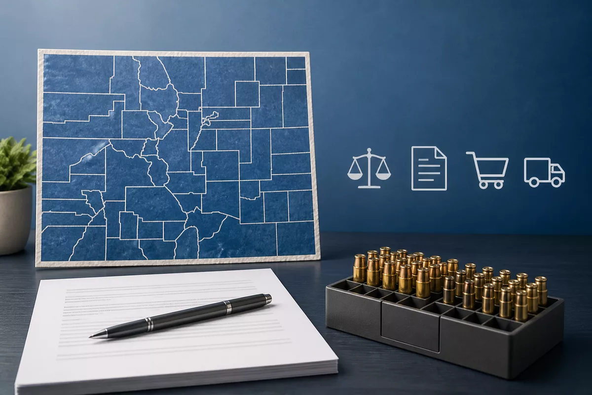 Colorado map, legal document, delivery icons, and organized ammunition