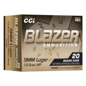 CCI Blazer Brass Handgun Ammunition 9mm Luger 115gr JHP 1145 fps 20/ct - FAST SHIPPING-NO CREDIT CARD FEES