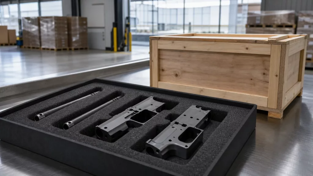 Generic firearm barrels and receiver components in a warehouse inspection tray