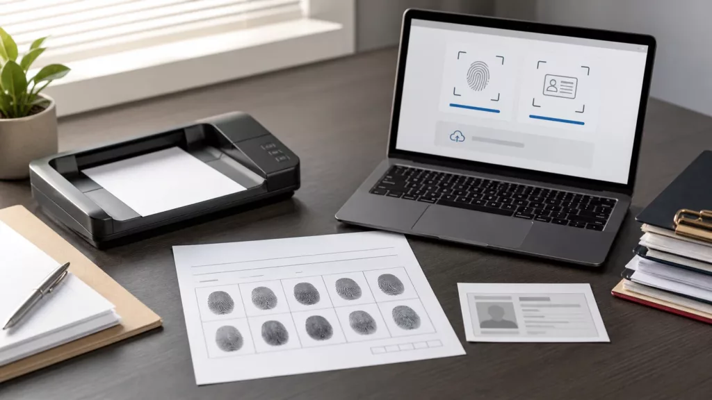 Fingerprint card, photo ID copy, scanner, and digital upload screen representing proposed ATF paperwork changes