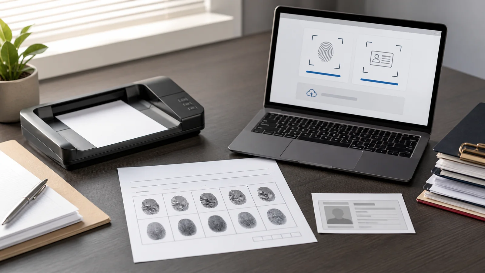 Fingerprint card, photo ID copy, scanner, and digital upload screen representing proposed ATF paperwork changes