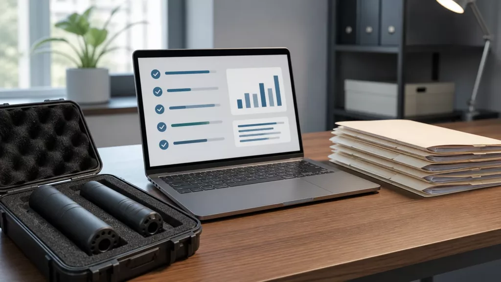 Editorial illustration of an electronic application dashboard beside NFA-related equipment and blank folders