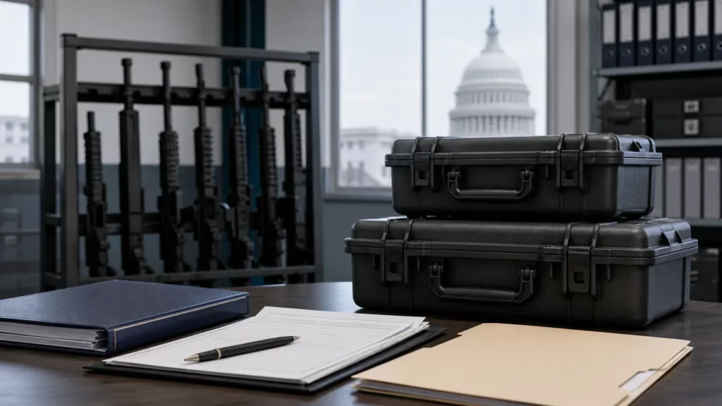 Secured firearm inventory, shipping cases and contract paperwork near the U.S. Capitol