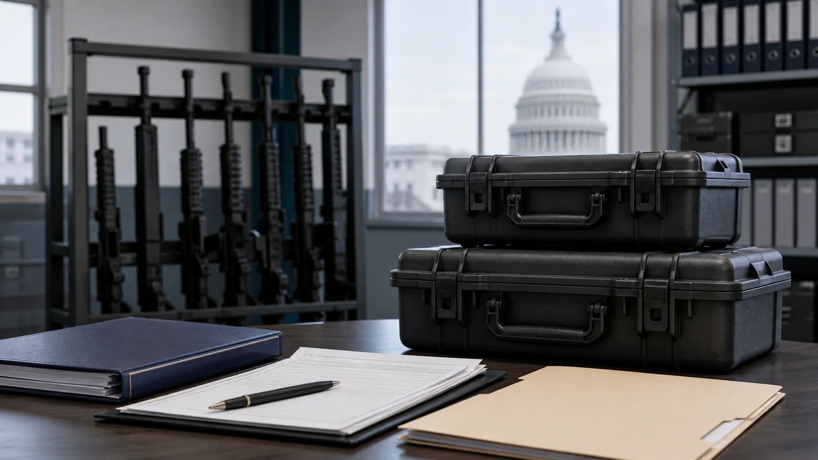 Secured firearm inventory, shipping cases and contract paperwork near the U.S. Capitol