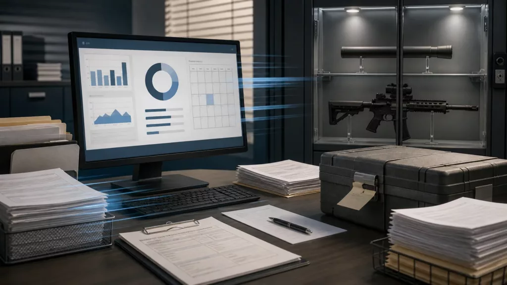 Editorial illustration of NFA application processing data and securely displayed firearms