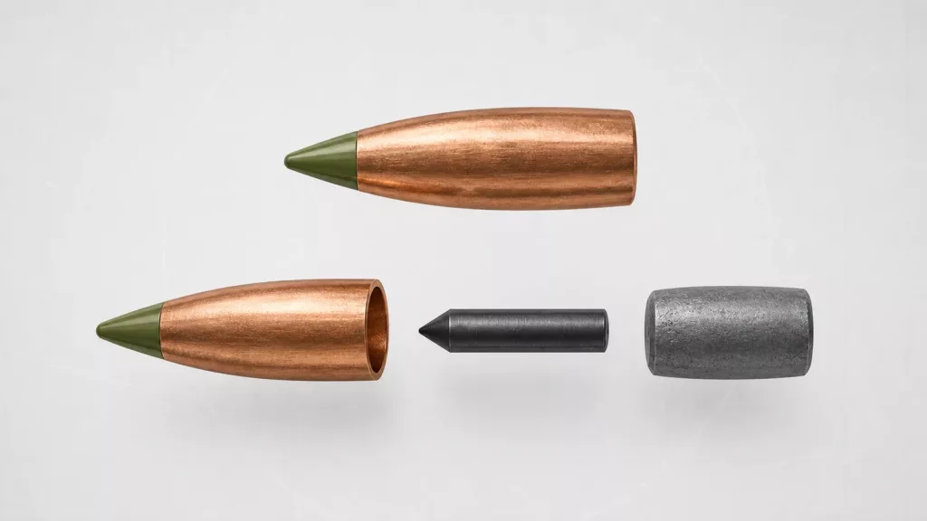 Exploded technical illustration of a green-tip projectile, steel penetrator, and lead core
