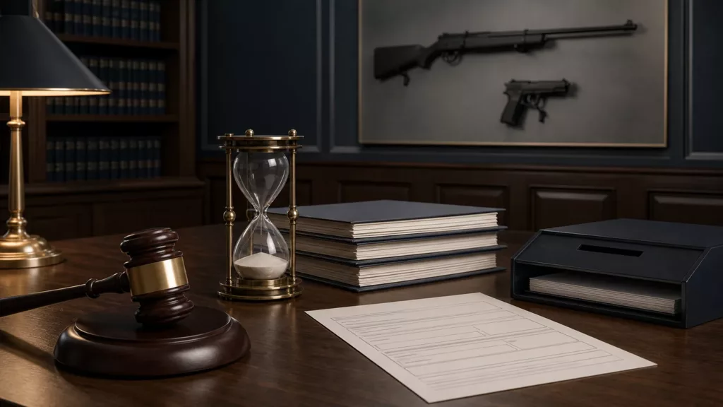 Gavel, hourglass, rulemaking files, and blank firearm transaction form in a regulatory office