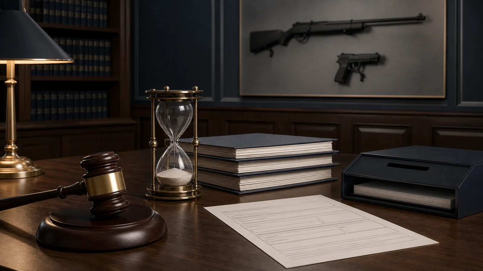 Gavel, hourglass, rulemaking files, and blank firearm transaction form in a regulatory office