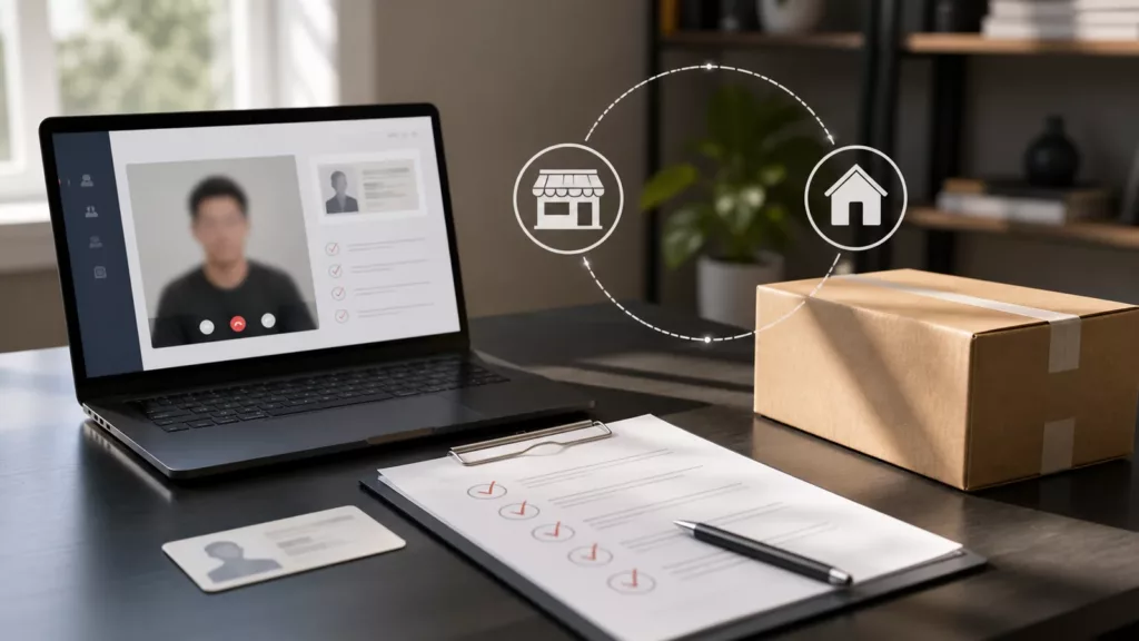 Remote identity verification, compliance paperwork, and a sealed same-state delivery parcel
