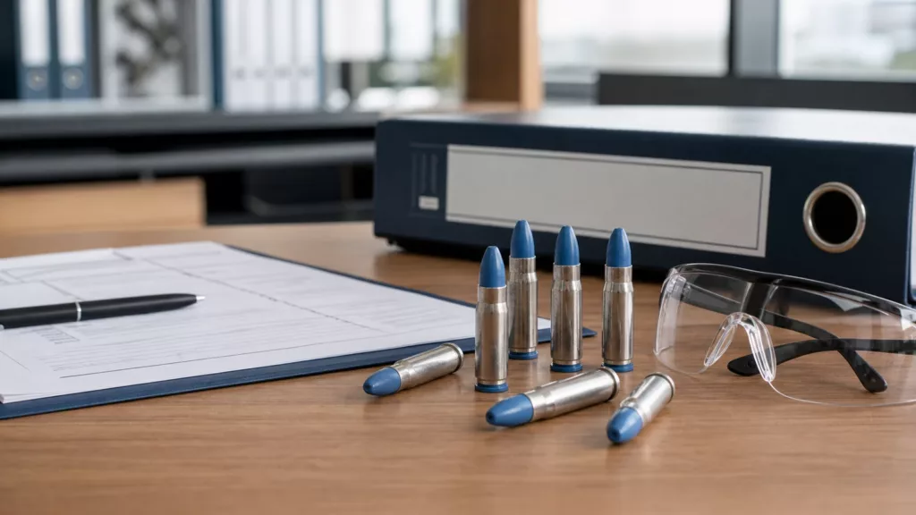 Blue inert training rounds beside regulatory documents and safety glasses