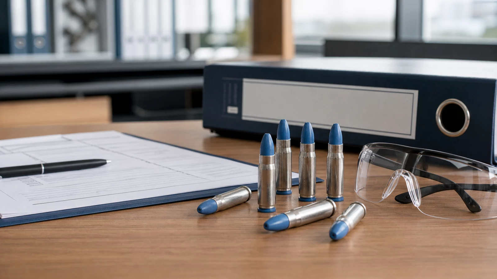 Blue inert training rounds beside regulatory documents and safety glasses
