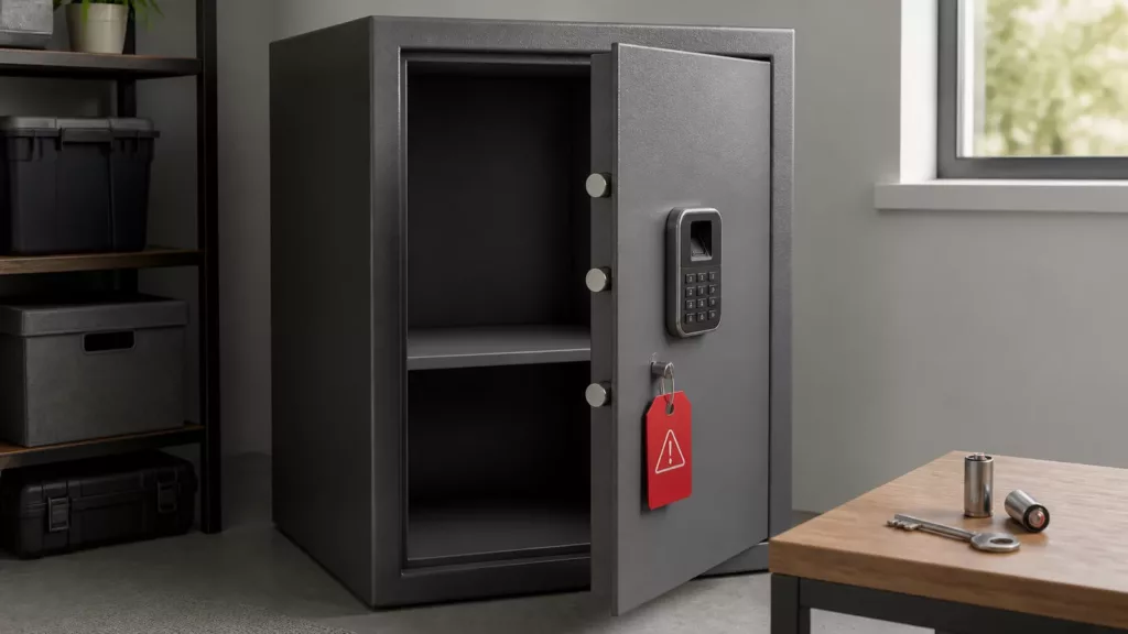 Open empty biometric firearm safe with batteries removed beside a mechanical key