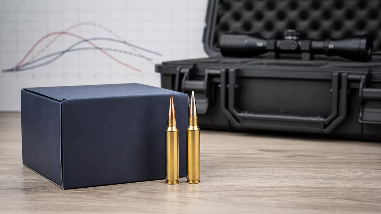 Two unbranded rifle cartridges beside an ammunition box and pressure chart