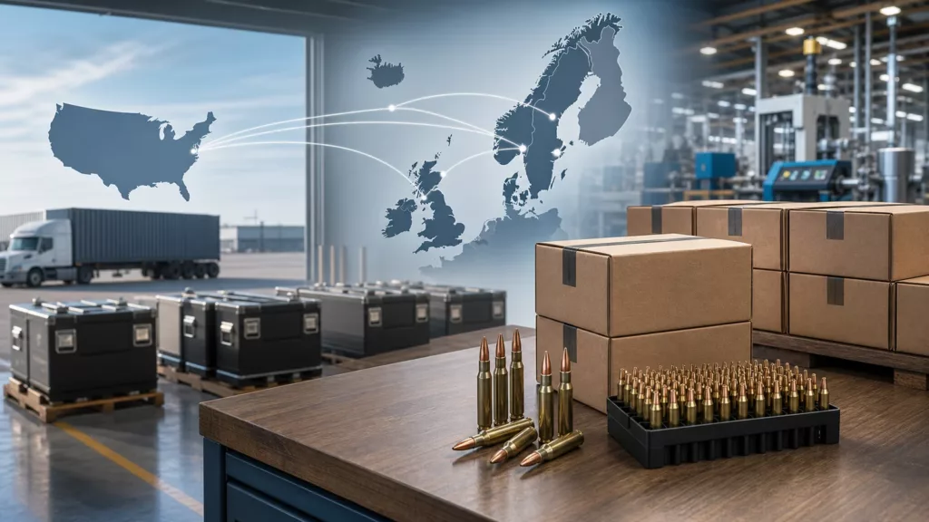 Editorial illustration of U.S. ammunition production and shipments to Nordic police agencies