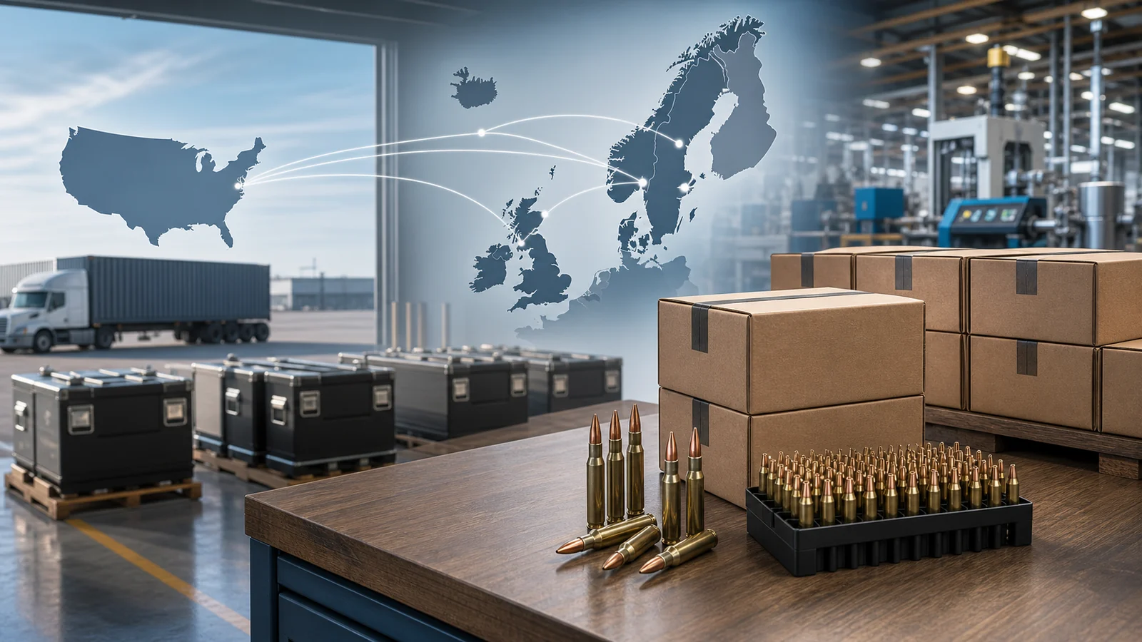 Editorial illustration of U.S. ammunition production and shipments to Nordic police agencies