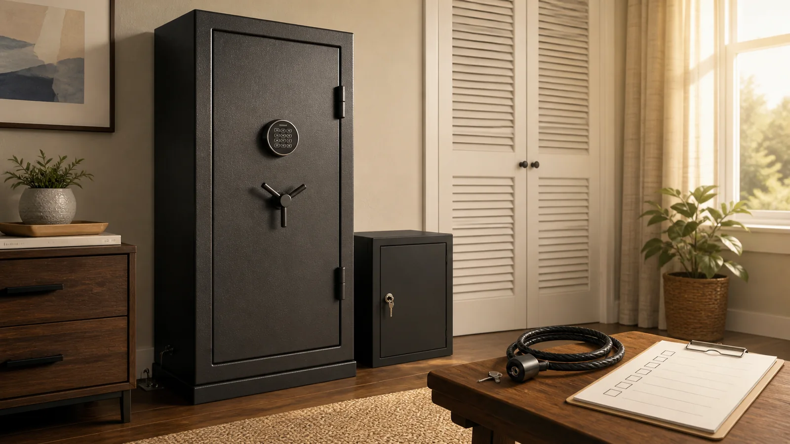 Editorial illustration of a closed gun safe, locked secondary cabinet, cable lock and safety checklist