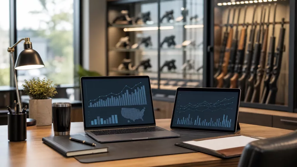 Market charts and a United States map displayed in a licensed firearm retailer office