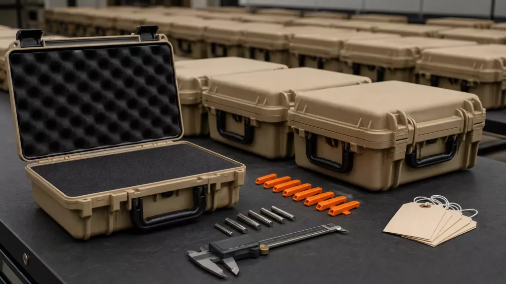 Rows of secured pistol cases, chamber flags and inspection tools on an armorer bench