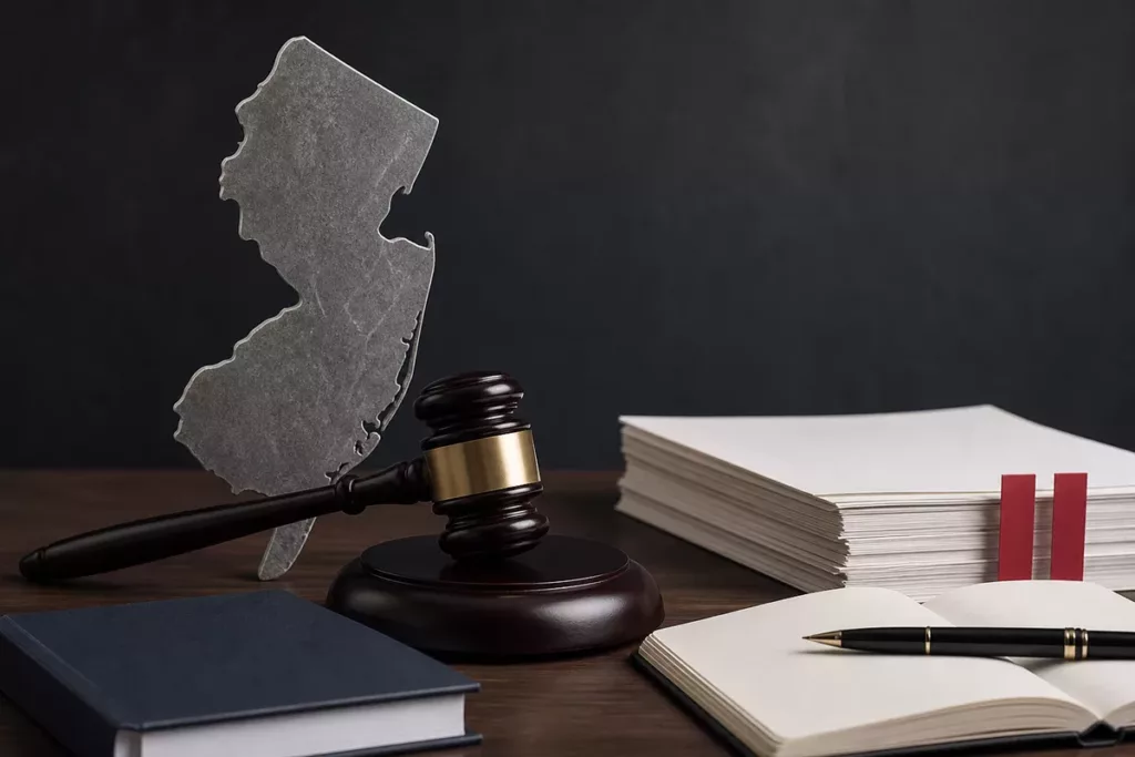 New Jersey map, judicial gavel, court papers, and pause markers
