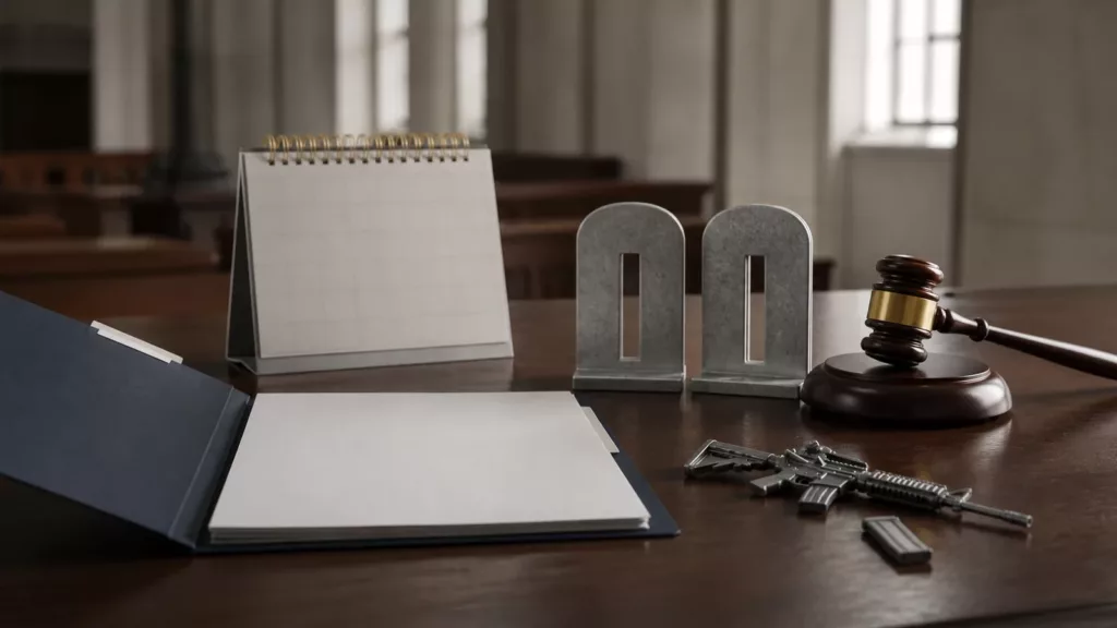 Editorial illustration of a court desk with a blank case file, gavel, pause symbol, and small firearm-related desk models