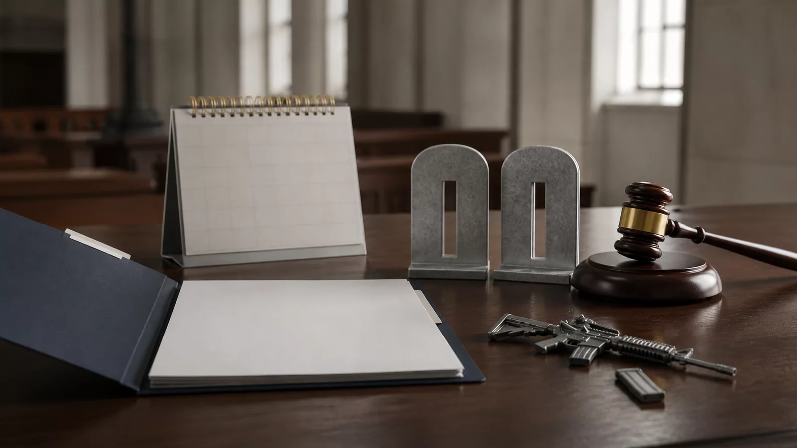 Editorial illustration of a court desk with a blank case file, gavel, pause symbol, and small firearm-related desk models