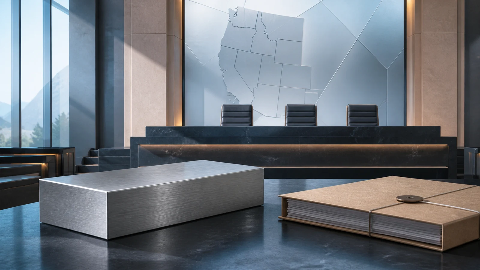 Editorial illustration of an appellate courtroom, an inert metal billet and a closed case file