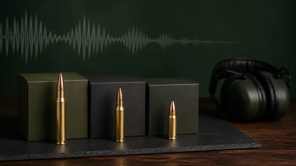 Editorial illustration of three generic subsonic rifle cartridges with hearing protection