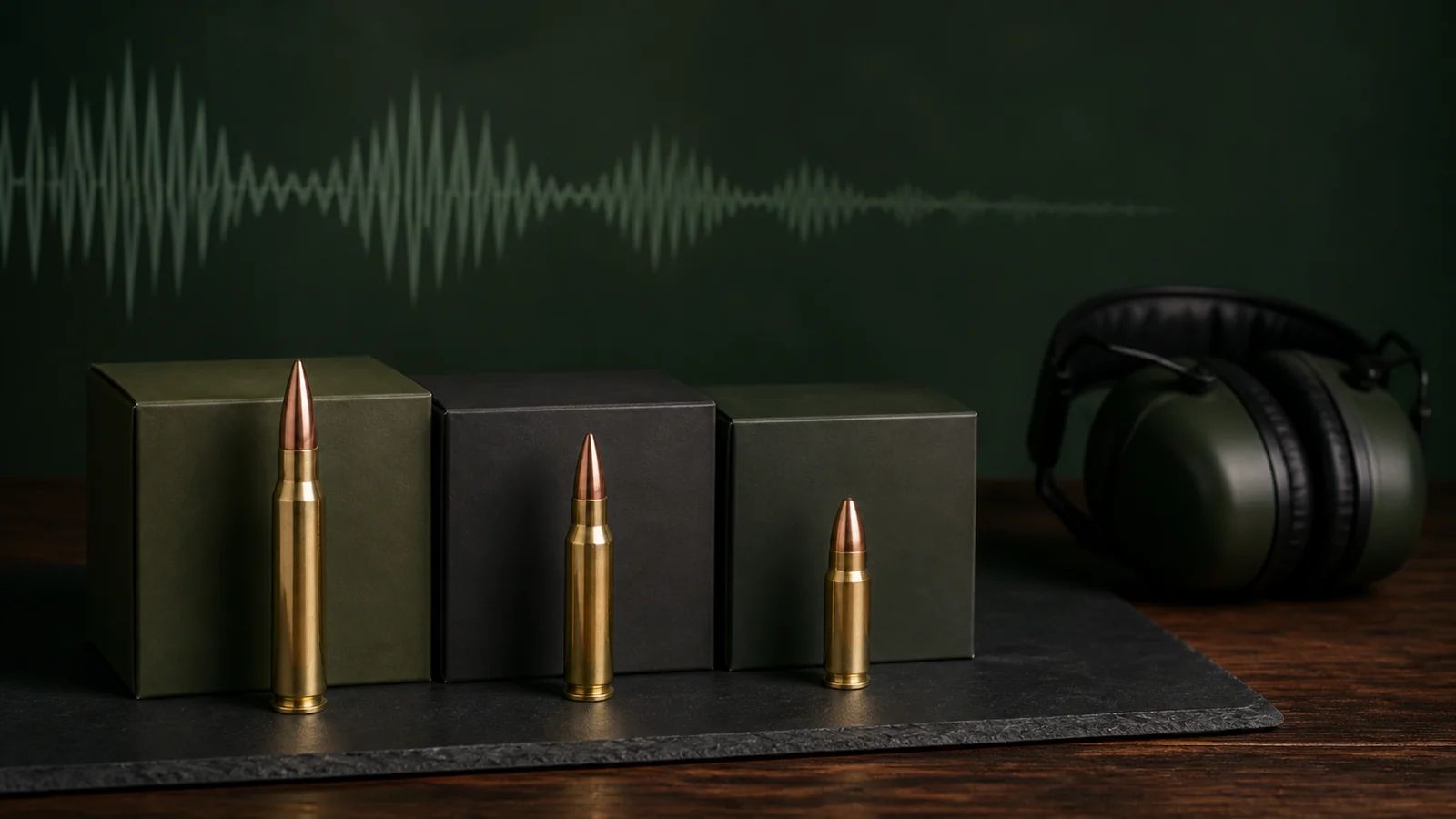 Editorial illustration of three generic subsonic rifle cartridges with hearing protection