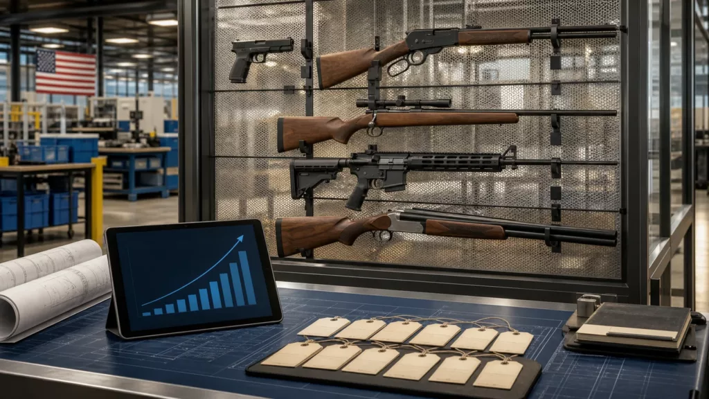 Secured firearm product lineup in a manufacturing facility beside an upward sales chart