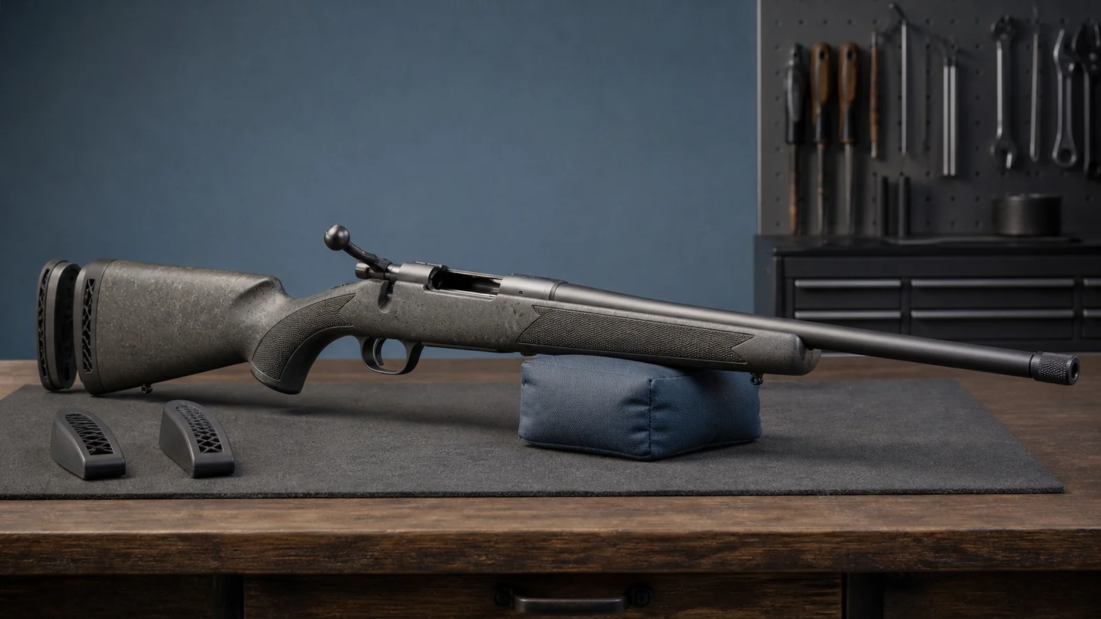 Editorial illustration of a bolt-action hunting rifle with threaded muzzle and adjustable stock spacers