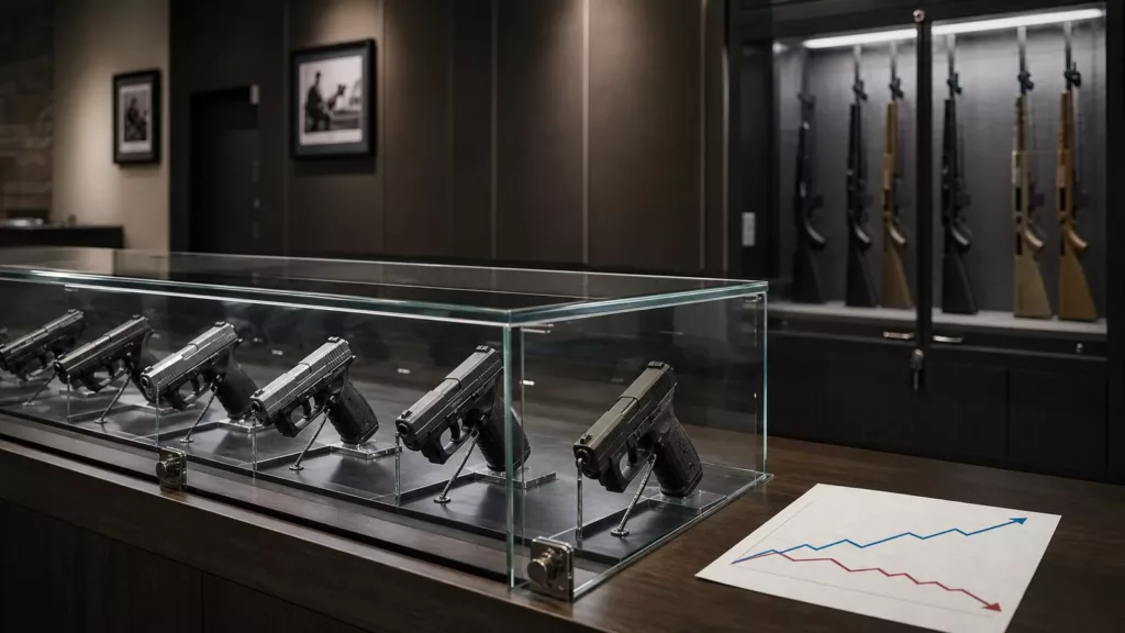 Secured handgun display and long-gun rack illustrating divergent firearm market trends