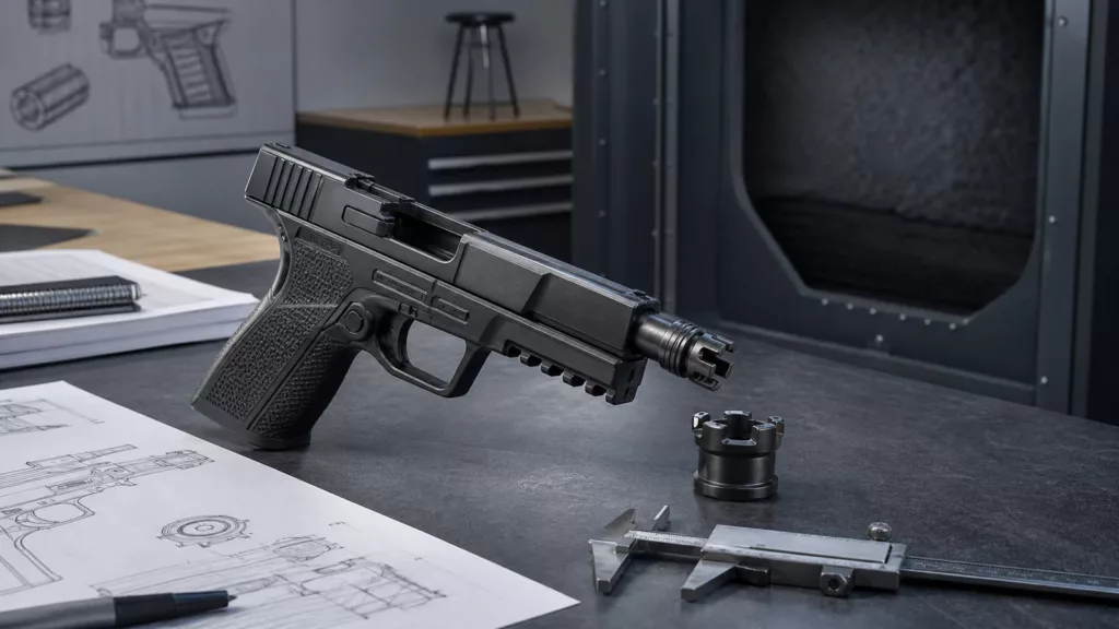 Editorial illustration of a compact 9mm pistol with an integral three-lug muzzle interface on an engineering workbench.