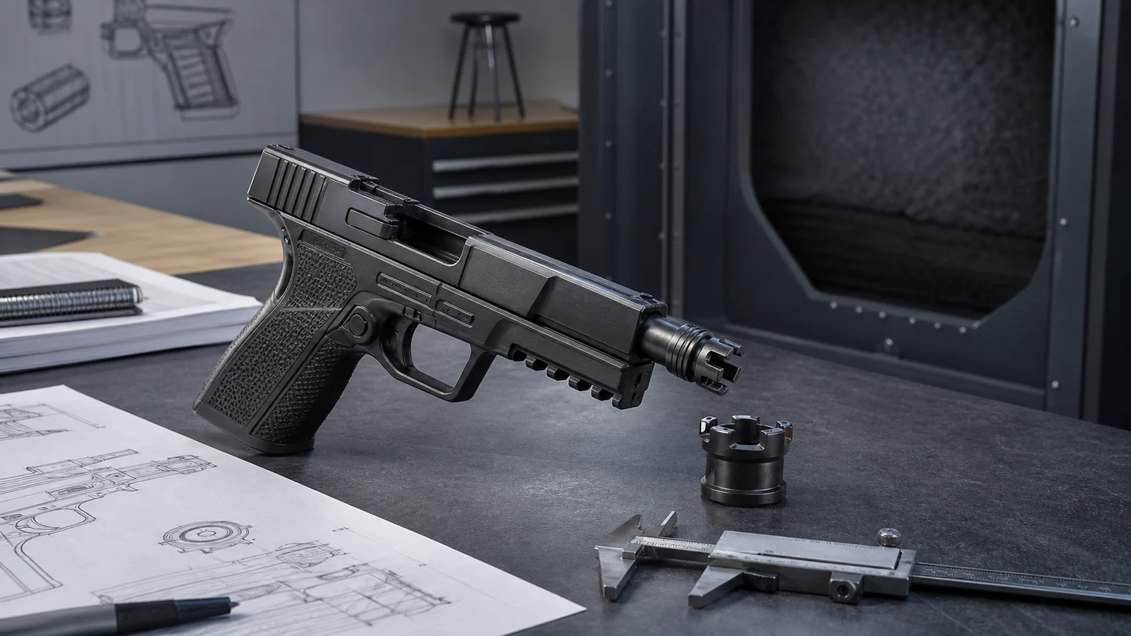 Editorial illustration of a compact 9mm pistol with an integral three-lug muzzle interface on an engineering workbench.