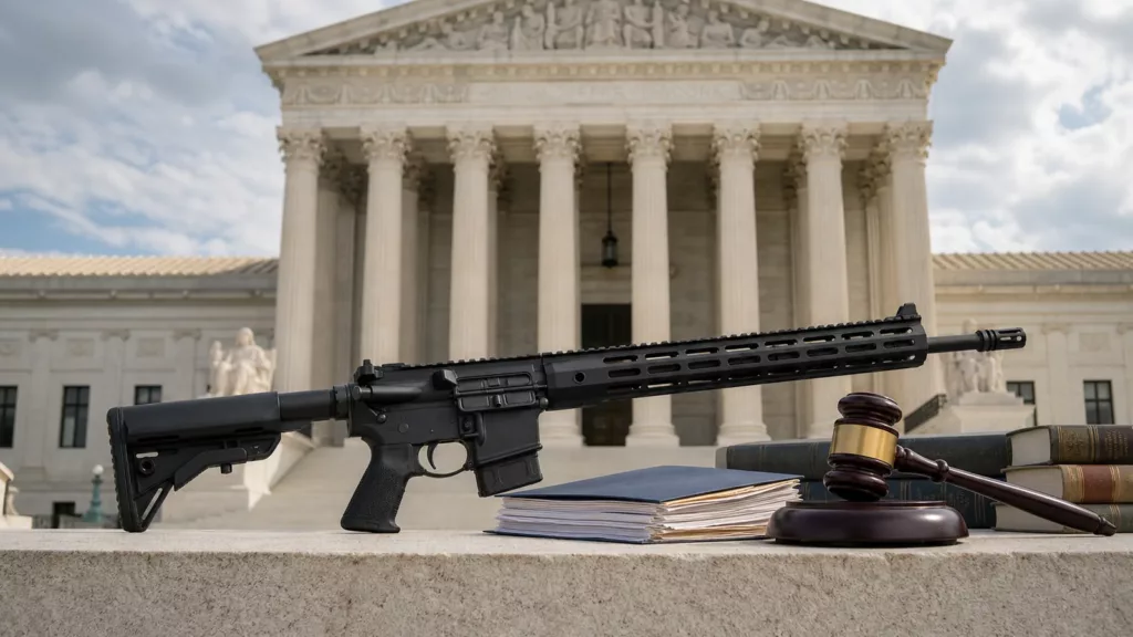 U.S. Supreme Court building with an AR-platform rifle, legal briefs, and a judge gavel