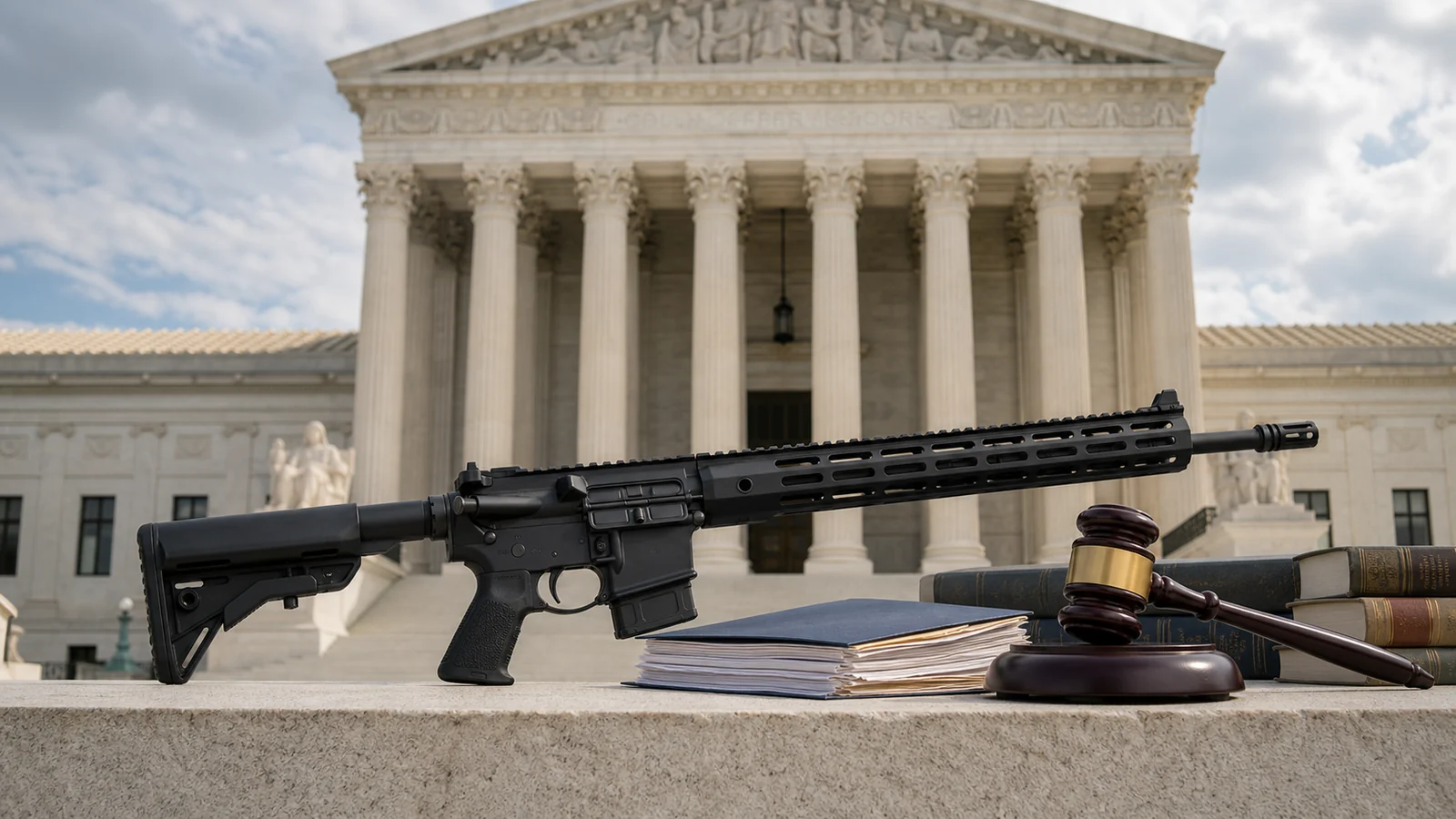 U.S. Supreme Court building with an AR-platform rifle, legal briefs, and a judge gavel